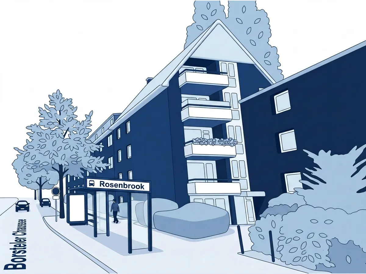 Illustration der Bushaltestelle mit dem Praxisgebäude im Hintergrund